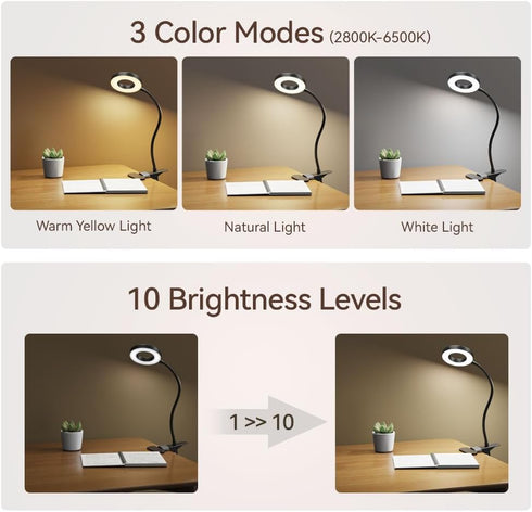 LED Desk Lamp Clip on Light with 3 Color Modes 10 Brightness Ring/Clamp Light 360° Flexible Gooseneck Dimmable Eye Protection Desk Light Desk Lamp...