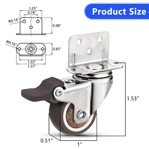 Heavy Duty Casters Set of 4 with Brake,L-Shape Side Mount TPR Plate Caster Wheels Replacement for Baby Bed, Carts Trolley, Kitchen Cabinet, Furnit...