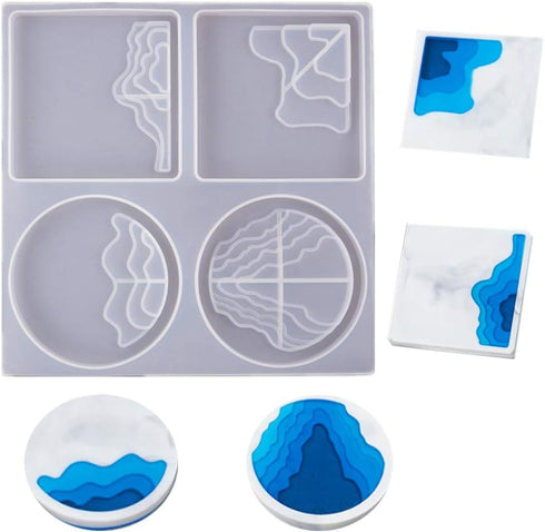 Multilayer Ocean Terraced Landscape Epoxy Resin Coaster Mold, DIY Resin Casting Rectangle Coaster Silicone Mold, 4 in 1, Each Size 3.4"...