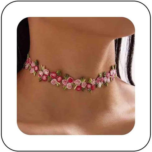 Boho Flower Lace Choker Necklace Pink Rose Choker Chain Vintage Floral Choker Collar Jewelry for Women Teen Girls...