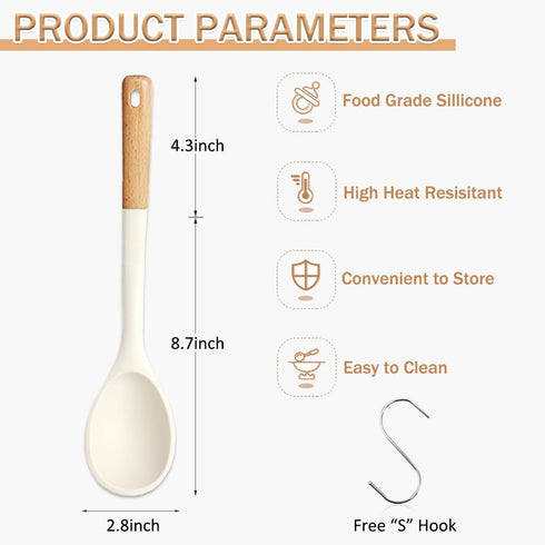 Large Silicone Cooking Spoons, Nonstick Solid Wooden Handle Kitchen Spoons, Heat Resistant Silicone Rubber Spoonula for Cooking, Serving, Basting,...