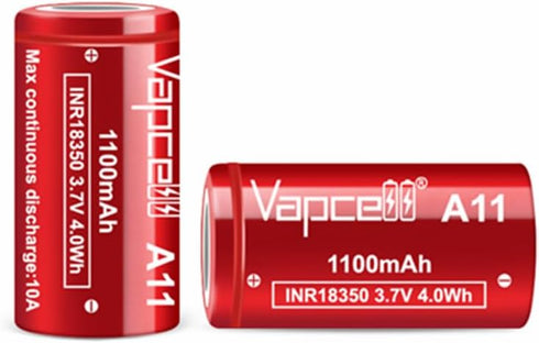 Vapcell 3.7V 1100mah Flat Top 18350 10A Discharge 4.0Wh high Drain Li-on IMR Rechargeable Lithium Battery 2pcs...