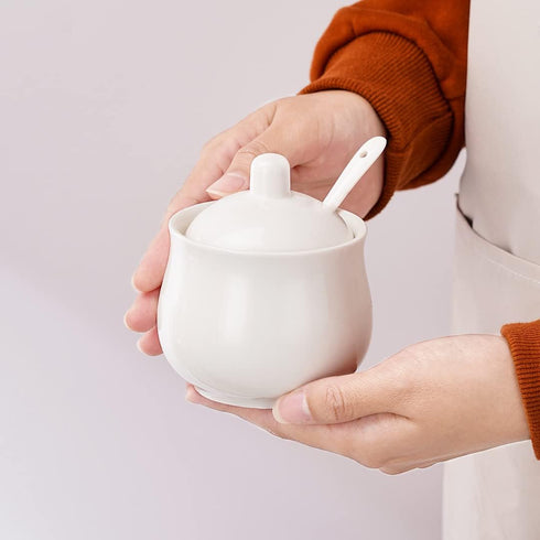 Ceramic Sugar Bowl with Lid and Spoon, White Porcelain Sugar Salt Pepper Storage Jar, 8 Ounces...