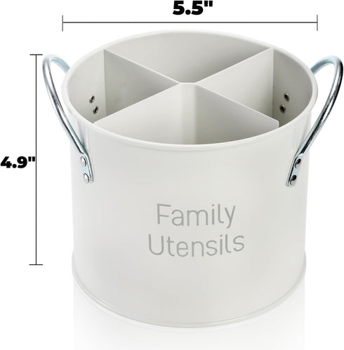 4 Compartment Kitchen Utensil Holder, 5.7 Inch Large Metal Utensil Caddy for Countertop, Utensil Crock Organizer with Removable Divider, Silverwar...