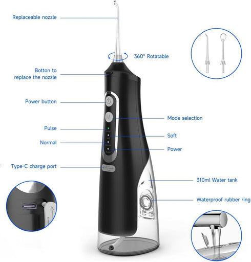 Water Dental Flosser Teeth Pick: Portable Dental Water Jet 310ML Water Tank Rechargeable Travel Irrigation Cleaner IPX7 Waterproof Electric Water ...