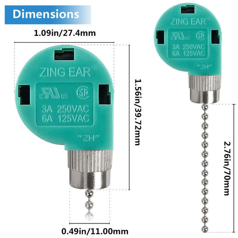 Zing Ear ZE-268S6 3 Speed Switch Compatible with Hunter Ceiling Fan, Pull Chain Cord Switch,Use for Ceiling Fans, Appliances, Replacement Speed Co...