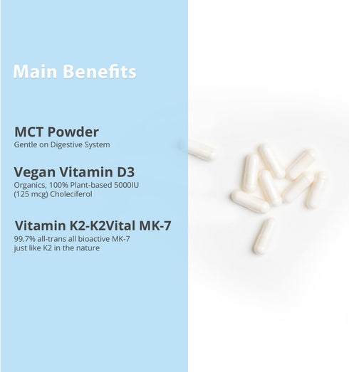 Vitamin D3 K2 with MCT, 5000 IU Vegan D3 & 100 mcg MK7 K2, Support Strong Bones and Immune Health - 30 Capsules (30 Days Supply)...