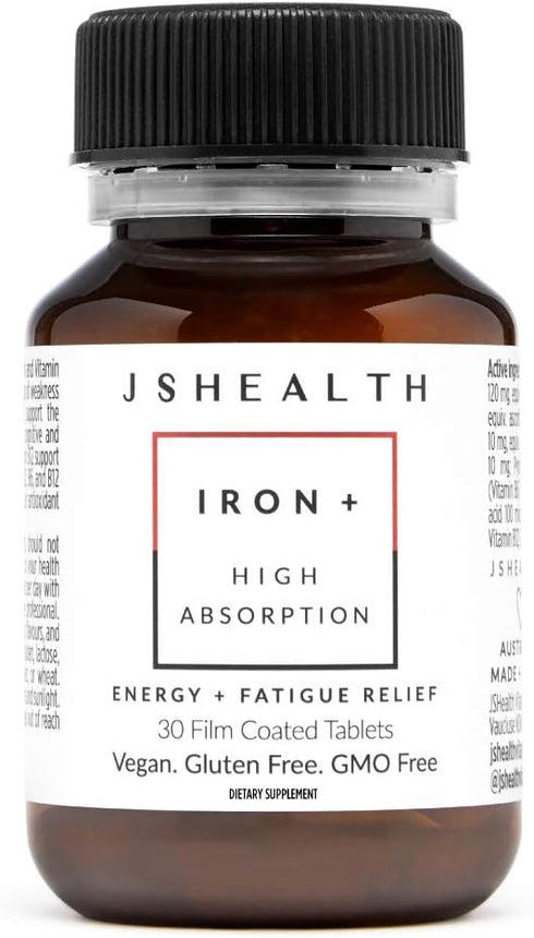 JSHealth Vitamins Iron+ Supplement for Energy Support - Iron Deficiency Pills with Vitamin C and Vitamin B12 - No Nausea or Constipation - (30 Tab...