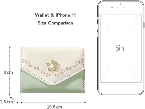 Girls Cute flowers Print Wallet, Small Tri-folded Aesthetic Wallet, PU Leather Purse Cash Pocket Card Holder ID Window Purse for Women(Green)...