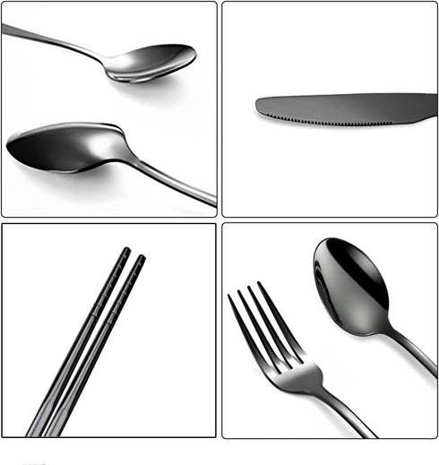 Travel Utensils, 18/8 Stainless Steel 4pcs Cutlery Set Portable Camp Reusable Flatware Silverware, Include Fork Spoon Chopsticks with Case (black)...