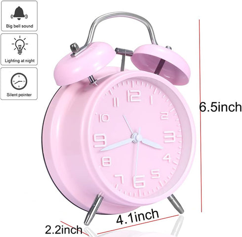 Retro Alarm Clock Battery Operated nightstand Clock,4 inch Twin Bell Backlight Alarm Clock for Bedroom,Desk,Bedside Loud Alarm Clock(Pink)...