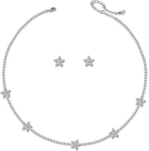 Flower CZ Crystal Wedding Jewelry Set Cubic Zirconia Choker Necklace Stud Earrings Set for Bridesmaid Bridal Prom Homecoming...
