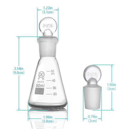50ml Glass Erlenmeyer Flask, Laboratory Glassware Flask with Ground Glass Stopper for Chemistry Classroom Home Use, 3.3 Borosilicate Labware Conic...
