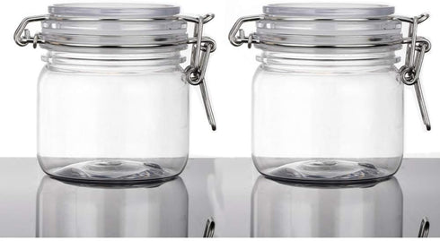 2Pcs 10 Oz/300ml Clear Round Plastic Home Kitchen Storage Sealed Jar Bottles with Leak Proof Rubber and Hinged Lid for Herbs, Spices, Candy, Gift,...