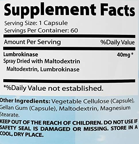 Absonutrix Lumbrokinase 40 mg 60 vegetable capsules supports healthy heart All natural Made in USA...
