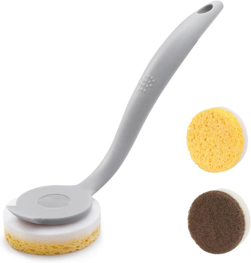 DrDirt Kitchen Sponges with Handle - 2 Round Wood Pulp Dish Sponges & 1 Scouring Pad Sponges - Non-Scratch, Multipurpose for Pans, Pots, and Sink ...