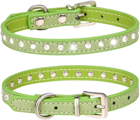 Cute Dazzling Sparkling Elegant Fancy Suede Leather 1 Rows Bling Rhinestone Crystal Jeweled Small Pet Cat Dog Puppy Collar (Green, S)...