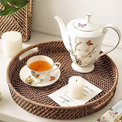 11 inch Rattan Tray, Round Wicker Tray with Cut-Out Handles, Woven Serving Tray for Dining / Coffee Table...