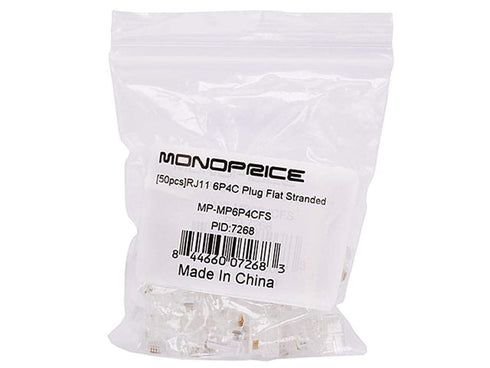 Monoprice 6P4C RJ11 Modular Plugs - For Flat Solid/Stranded Cable, 1u, 2 Prongs, 50 Pack, Clear...