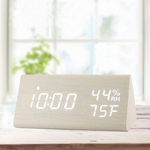 Digital Alarm Clock, with Wooden Electronic LED Time Display, 3 Alarm Settings, Humidity & Temperature Detect, Wood Made Electric Clocks for Bedro...