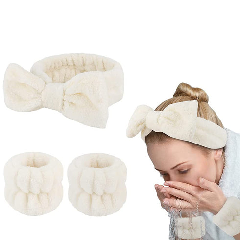 3 Pcs Bow Face Wash Headband Wristband Set Soft Spa Facial Headband Makeup Skincare Headbands Wrist Bands for Washing Face Grey...
