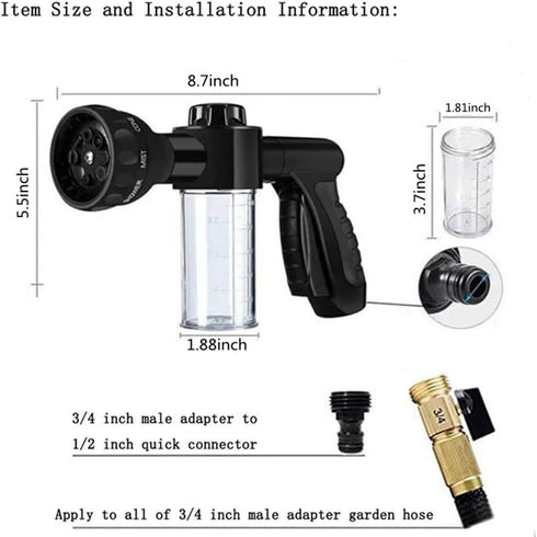 Garden Hose Nozzle Adjustable Hose Spray Nozzle High Pressure 8 Watering Pattern with 3.5Oz Soap Sprayer Power Garden Water Hose Foam Nozzle Spray...