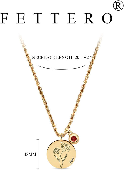 Fettero Birth Flower Necklace Gold Coin Stamp Dafodil Pendant Birthstone Aquamarine Month March 18K Gold Vacuum Plated Dainty 2MM Twist Rope Chain...