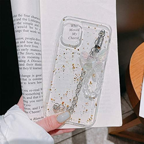 BONICI Girl Women Beautiful Gold Foil Goldleaf Transparent TPU Phone Case +Metal Bracelet Chain +Butterfly Lanyard, for iPhone 11, Full Protection...