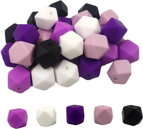 50pcs Purple Series Silicone Hexagon Beads 14mm Silicone Pearl Geometric Polygon Beads for Keychain Jewelry DIY Beading Mom Necklace...