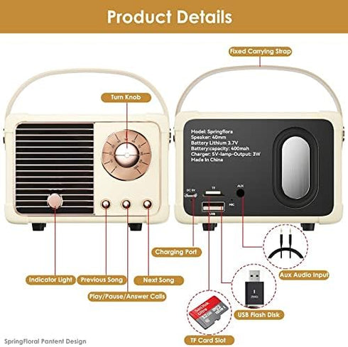 Retro Bluetooth Speaker,Wireless Vintage Small Speaker with Stereo Sound,Hands-free Call,400mA Battery,TF Card, Aux Line,Water-Proof For iOS Andro...