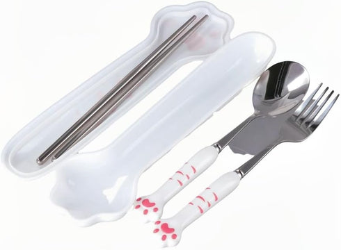 3 Piece Cartoon Cute Cat Claw Spoon Fork Chopstick Set Outdoor Camping Portable Tableware Set(pink)...