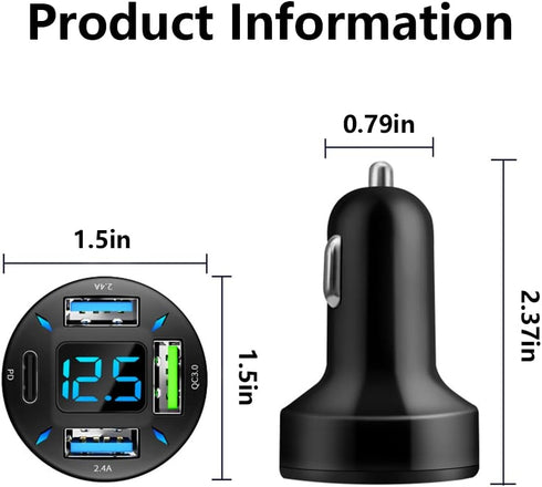 2Pcs Car Charger 66W Super Fast Charging with USB C&QC 3.0(Voltmeter&LED Lights) Universal Quick Charge for 12-24V Car Cigarette Lighter Plug,Comp...