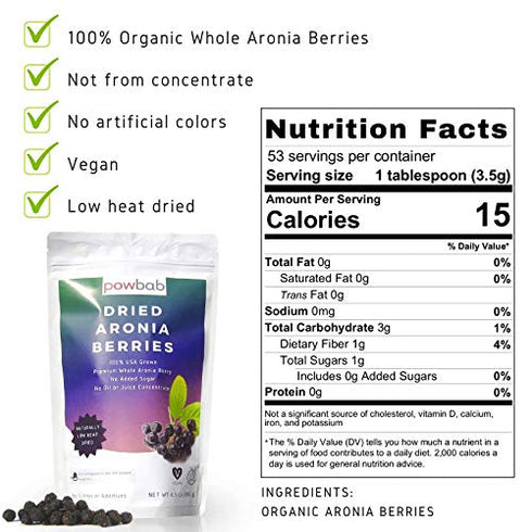 powbab Dried Aronia Berries from 100% USA Grown Organic Aronia Chokeberry. No Added Sugar. Not Freeze Dried, Not Frozen. Made in USA Whole Black C...