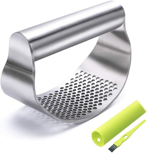 GuDoQi Garlic Press Rocker, Stainless Steel Garlic Mincer Garlic Crusher, Garlic Chooper with Peeler and Scraper Brush, Garlic Press with Ergonomi...