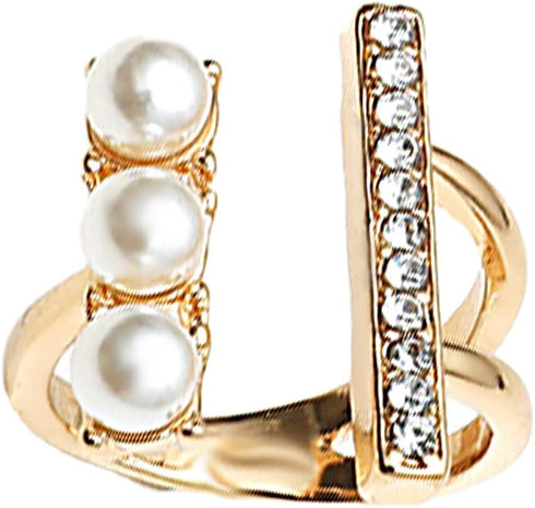 Vintage CZ Tiny Bar Pearl Open Band Ring for Women Girls Gold Plated Cubic Zirconia Statement Adjustable Expandable Imitation Pearls Finger Rings ...