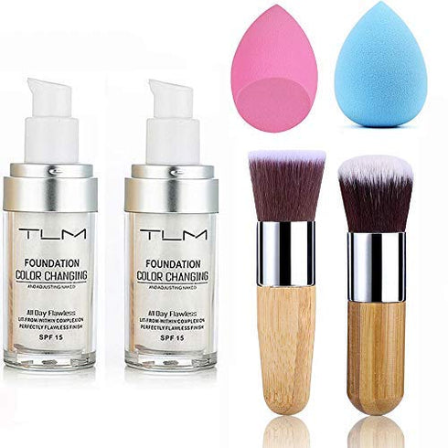 2pcs TLM Color Changing Foundation Liquid with 2 Brushes and 2 Cosmetics Sponge Flawless Full Coverage Natural Color Face Primer Base Makeup 30ml...