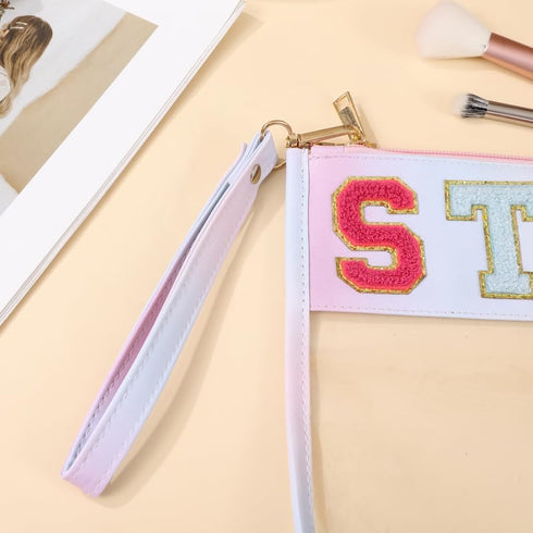 Women Chenille Letter makeup Bags PVC Transparent Cosmetic Case Waterproof Beach Sunscreen Bag Portable Travel Snack Zipper Pouches (SNACKS)...