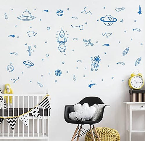 Outer Space Wall Stickers for Kids – Rockets, Stars, Planets and Galaxy Themed Decals – Educational and Decorative Vinyl for Boys Bedroom, Nursery...