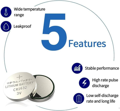 Cotchear 5pcs/Pack CR1632 Button Battery 3V CR1632 Lithium Coin Cell Batteries LM1632 BR1632 ECR1632 CR 1632 Battery for Electronic Watch Remote...