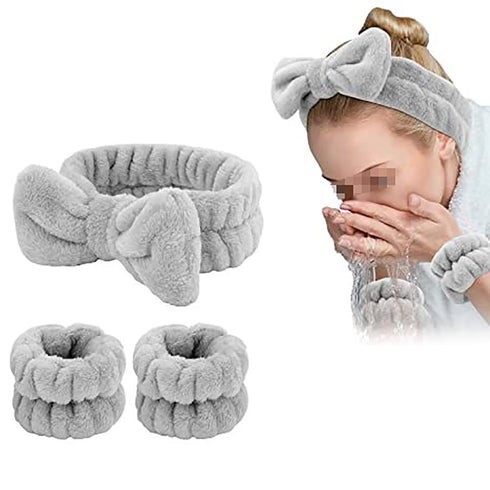 3 Pcs Bow Face Wash Headband Wristband Set Soft Spa Facial Headband Makeup Skincare Headbands Wrist Bands for Washing Face Grey...