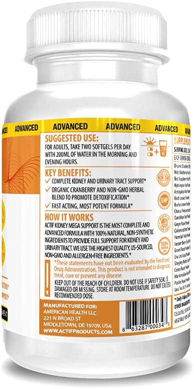 Actif Kidney Mega Support with 10+ Advanced Factors, Boosts Healthy Kidney Function, Kidney Cleanse, Non-GMO, Fast Acting, Made in USA, 120 Count...