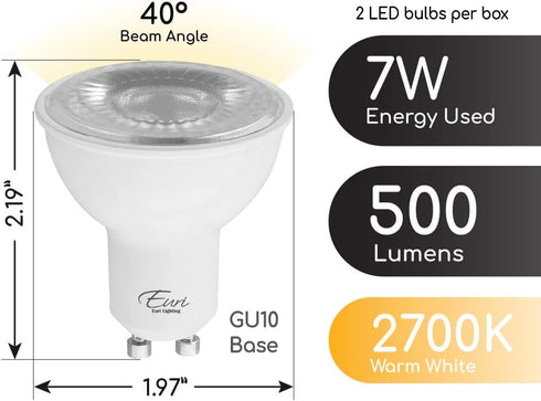 Euri Lighting EP16-7W5020eG-2 Dimmable LED PAR16, GU10 Base, 7W (50W Equal) 500lm, Warm White (2700K), 80CRI, 40° Angle, Damp Rated, UL, Energy St...