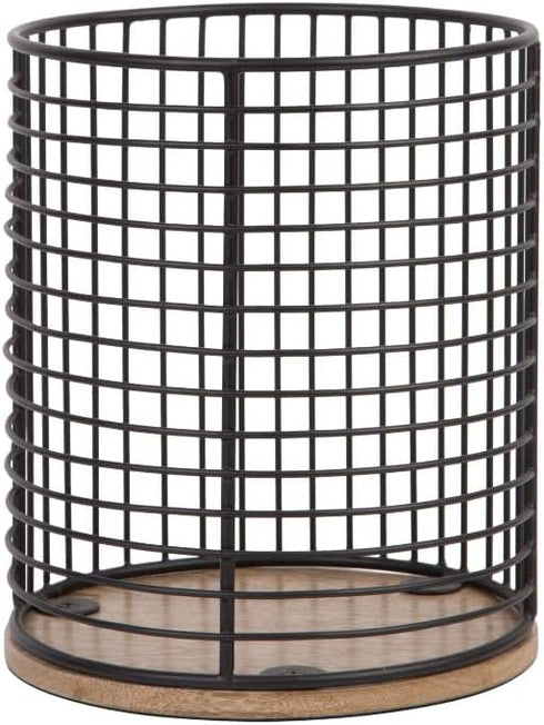 MosJos Extra Large Black Utensil Holder with Spacious Wooden Base - Farmhouse Utensil Storage - Classic Round Wire Crock Kitchen Countertop Organi...
