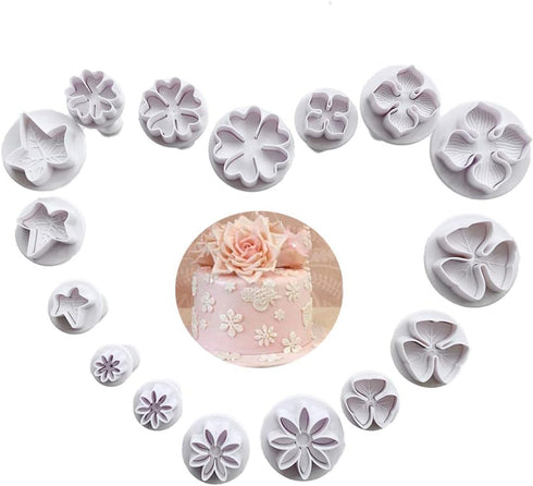 16 Pieces Fondant Plunger Cutters Daisy/Hydrangea/Five-petaled Flowers/Clovers/Maple Leaves Fondant Molds Sugarcraft Cake DIY Decorating Tools Coo...