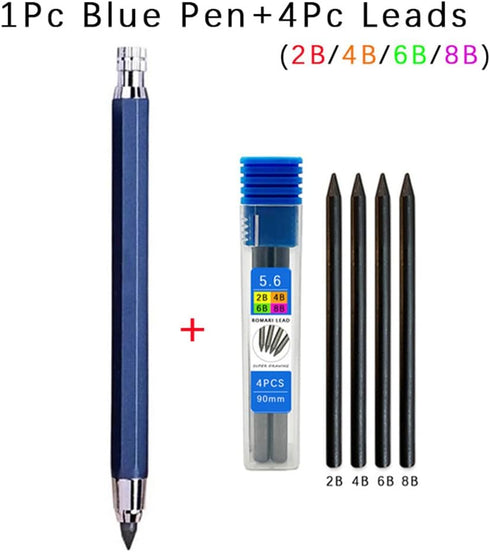 5.6mm metal drawing pencil with 4 2B 4B 6B 8B lead sets professional art sketch mechanical pencil Kawaii stationery can be filled (Blue)...