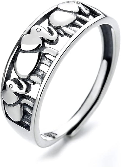 Cute Elephant Open Statement Ring Sterling Silver 925 for Women Girls Adjustable Vintage Wrap Finger Bands Eternity Promise Engagement Ring Animal...