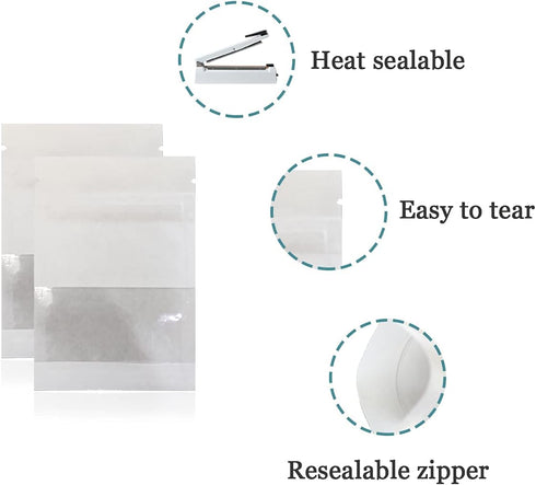 FERENLI 100Pcs Kraft Paper Window Bags Smell Proof Food Storage Pouch Flat for Zip Resealable Lock Candy Coffee Beans Packaging Bag with Tear Notc...