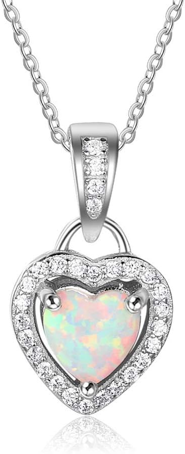 Sterling Silver Heart Shape Created Opal Pendant Necklace (6mm Opal Halo Heart)...