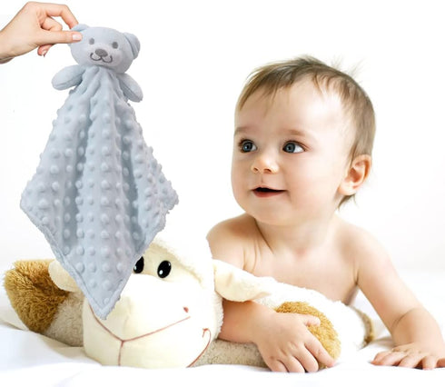 CREVENT Cozy Plush Baby Security Blanket Loveys for Baby Boys, Minky Dot Front + Sherpa Backing with Animal Face (Blue Bear)...