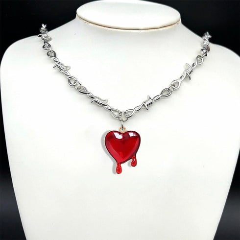 Gothic Bleeding Heart Necklace Dropping Blood Thorn Heart Pendent Choker for Men and Women...